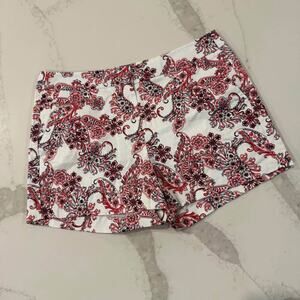Kenzie Paisley Flat Front Chino Shorts Women's 12 Mid Rise White/Red Preppy Boho